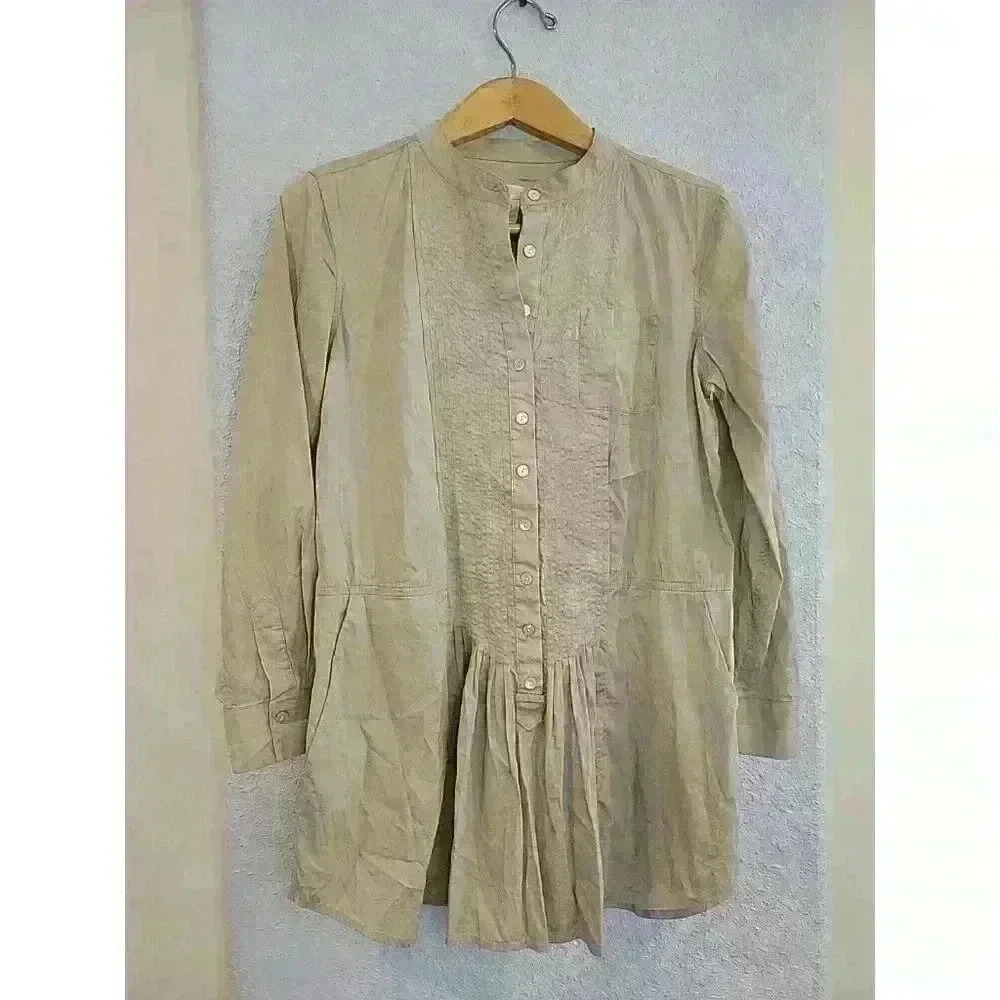 Womens Chico's Pleated‎ Stretch Tunic Beige Blouse Size 0 Small Boho Lagenlook